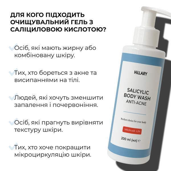 Очищувальний гель для тіла з саліциловою кислотою Hillary Anti-Acne Salicylic Body Wash, 200 мл HI-01-427 фото