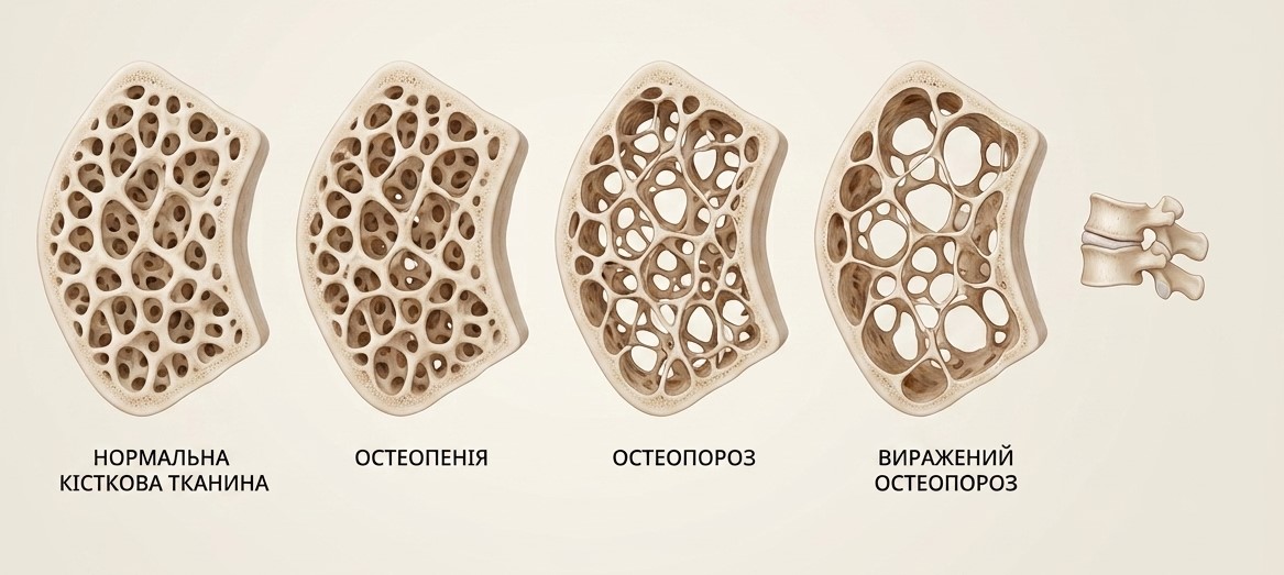 Порівняння структури кісткової тканини на стадіях остеопенії та остеопорозу — ілюстрація